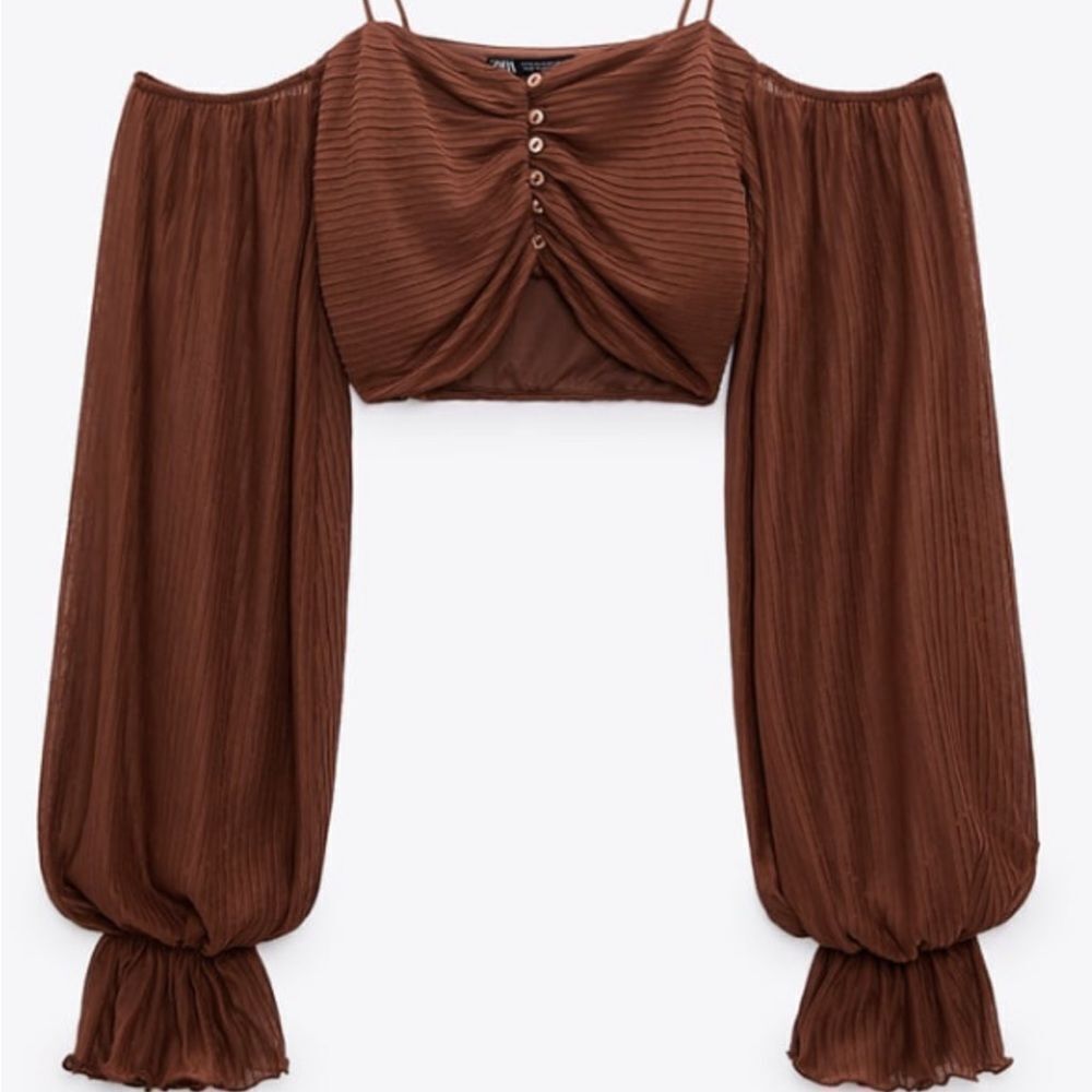 ZARA WOMAN BROWN PLEATED TOP MIDRIFF L NWT‎